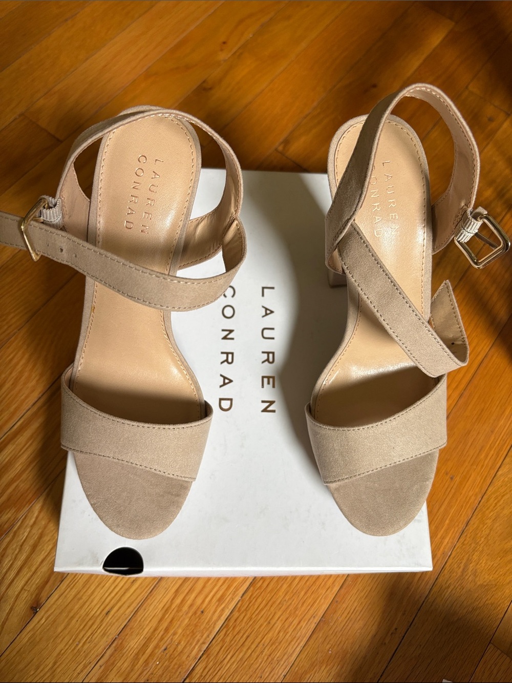 LC Lauren Conrad Taupe Suede Open-Toe Slingback Sandals